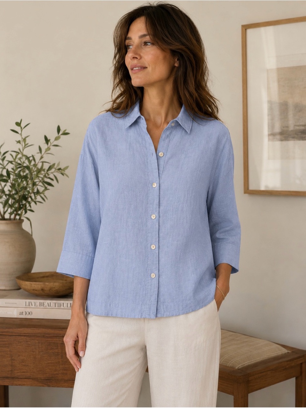 Sigrid Olsen Blue Linen Three-Quarter Sleeve Button-Down Shirt